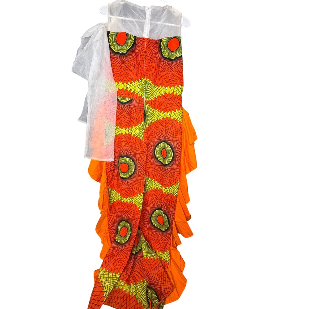 African Wax Print Maxi Dress Orange Yellow Ruffle Organza Bow Sheer Neckline
